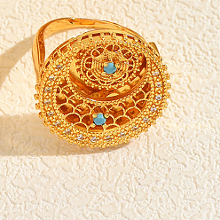 Turquoise Brass Micro Pave Cubic Zirconia Cuff Open Rings for Women, Round, Golden, Turquoise, 20mm, Inner Diameter: 16~18mm