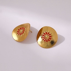 Red 304 Stainless Steel Enamel Stud Earrings, Flat Round with Flower, Asymmetrical Earrings, Golden, Red, 28mm