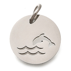 Нержавеющая Сталь Цвет 304 прелести нержавеющей стали, с целью перехода в кольце, плоский круглый с подвеской в виде дельфина, лазерная резка, цвет нержавеющей стали, 12x1 мм, отверстие : 3 мм