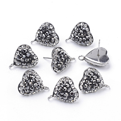 Jet Polymer Clay Rhinestone Stud Earring Findings, with Loop, Stainless Steel Findings, Heart, Stainless Steel Color, Jet, 16.5x14mm, Hole: 2mm, Pin: 0.6mm