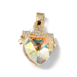 Бежевый Настоящие позолоченные подвески из латуни с микропаве из прозрачного кубического циркония, со стеклом, долговечный, без кадмия и без свинца, сердце со звездным шармом, бежевые, 18 мм, отверстие : 19.5x15.5x8 мм