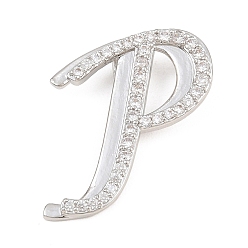 Letter P Pendentifs en laiton zircon cubique transparent, charmes de lettre, plaqué longue durée, crémaillère plaquage, sans plomb et sans cadmium, platine, lettre p, 25x22x6.5mm, Trou: 3mm