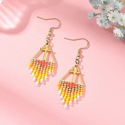 Yellow Glass Beads Braided Dangle Earrings, Cross with Triangle, 304 Stainless Steel Dangle Earrings, Tassel Earrings, Golden, Yellow, 68x19mm