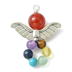 Mixed Stone Chakra Gemstone Pendants, with Wing Tibetan Style Alloy Beads, Angel Charm, 30x23x8mm, Hole: 2mm