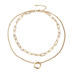 Golden PVD Vacuum Plating 304 Stainless Steel Double Chains Multi Layered Necklace with Ring Charm for Women, Golden, 16.34 inch(41.5cm)