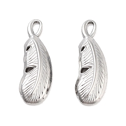 Stainless Steel Color Non-Tarnish 304 Stainless Steel Pendants, Feather Charm, Stainless Steel Color, 20x7.5x2.5mm, Hole: 2.5x1mm