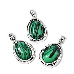 Платина Синтетического малахита подвески, овальные подвески с латунными оправами с гальваническим покрытием, без свинца и без кадмия, долговечный, платина, 24x16x5.5 мм, отверстие : 5x3 мм