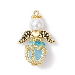 Небесно-голубой Светящиеся подвески-ангелы из стеклянных бусин ручной работы, с железной петлей, крылом из сплава и стеклянными бусинами, светится в темноте, голубой, 30x20x12 мм, отверстие : 1.4 мм