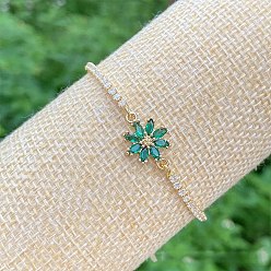Зеленый Латунь микро проложить кубический цирконий слайдер браслеты, браслеты для женщин, цветок, зелёные, 6-1/2~9-5/8 дюйм (16.5~24.5 см)