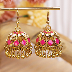 Темно-Розовый Богемные эмалированные серьги-люстры из сплава, колокол, с застежкой для висячих сережек, золотые, темно-розовыми, 46x25 мм