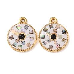 Белый 304 нержавеющей стальной эмали подвески, плоские круглые прелести, с ракушками и черным агатом, золотые, белые, 17.5x14.5x3.5 мм, отверстие : 1 мм
