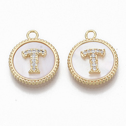 Letter T Brass Micro Pave Cubic Zirconia Pendants, with Shell, Flat Round with Letter, Nickel Free, Clear, Creamy White, Real 18K Gold Plated, Letter.T, 17x14x4mm, Hole: 1.8mm