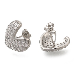 Платина Серьги-гвоздики из латуни с покрытием в виде стойки с прозрачным фианитом в форме сердца, без свинца и без кадмия, долговечный, платина, 14x16 мм