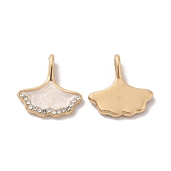 Seashell Color Rack Plating Alloy Rhinestone Pendant, with Enamel, Nickel Free, Gingko Leaf Charms, Golden, Seashell Color, 16.5x16x4.5mm, Hole: 2.2mm