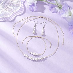 Платиновый & Серебристый Комплект из ожерелья, браслета и сережек с круглым жемчугом, с нейлоновой нитью, Латунные крючки для сережек, Платина и серебро, 1.67x0.31 дюйм (42.5x8 мм)