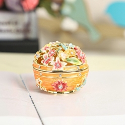 Orange Flower Alloy Enamel Box, with Rhinestone and Magnetic Clasps, for Ring, Necklaces, Pendant, Home Decoration, Orange, 5.3x4.4cm