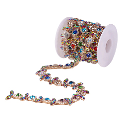 Golden Iron Glass Rhinestone Chains, Rhinestone Cup Chains, Wedding Dress Decorative Rhinestone Chains, Flower, with Spool, Golden, 17.5~18.5mm, 1.7~2yards/roll