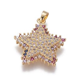 Golden Brass Cubic Zirconia Pendant, Star, Colorful, Golden, 24x22x3mm, Hole: 4mm
