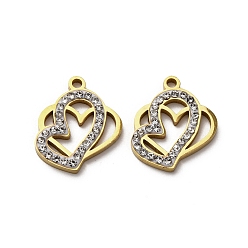 Золотой 304 подвески из нержавеющей стали и глиняных страз, сердце, ионное покрытие (ip), золотые, 16.5x15.5x2.5 мм, отверстие : 1.6 мм