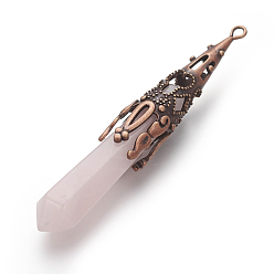 Rose Quartz Natural Rose Quartz Pointed Pendants, with Red Copper Tone Brass Findings, Bullet, 76~82x12mm, Hole: 2mm