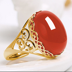 (123L) Белый крем непрозрачный блеск Овальные перстни из натурального халцедона, латунные регулируемые кольца, золотые, огнеупорный кирпич, внутренний диаметр: 17~19 мм