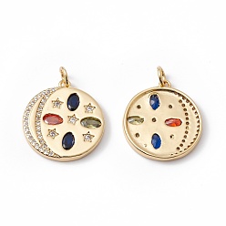Настоящее золото 18K Реечное покрытие латунь микро паве разноцветные подвески из кубического циркония, с целью перехода в кольце, без кадмия, без никеля и без свинца, Плоский круглый с луной и звездой, реальный 18 k позолоченный, 21x19.5x2.5 мм, Перейти кольцо: 5x0.8 мм, внутренний диаметр: 3.4 мм