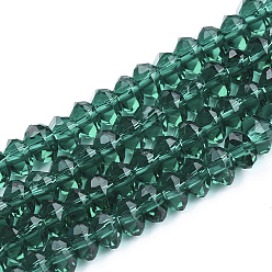 Teal Glass Beads Strands, Faceted, Triangle, Teal, 7~7.5x7~7.5x4~5mm, Hole: 1.5mm, about 100pcs/strand, 17.3 inch~19 inch