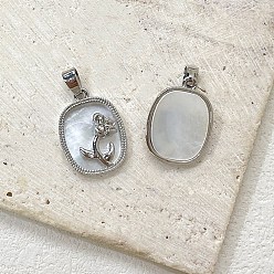 Platinum Brass Pave White Shell Oval Pendants, Rose Charms, Platinum, 23x13mm