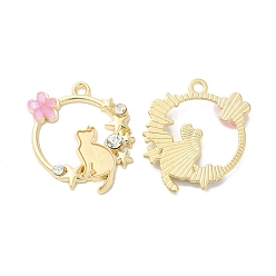 Pink Pendentifs en émail , or, strass, rond avec chat, fleur avec étoile, rose, 25x22.5x3mm, Trou: 2mm
