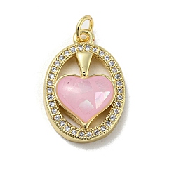 Pink Brass Micro Pave Cubic Zirconia Pendants, Cadmium Free & Lead Free, with Enamel Shell, Oval with Heart, Pink, 21x14x4mm
