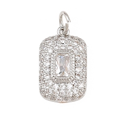 Clear Brass Micro Pave Cubic Zirconia Pendantss, Rectangle Charms, Rack Plating, Long-Lasting Plated, Lead Free & Cadmium Free, Platinum, Clear, 17x10x4mm, Hole: 3.3mm