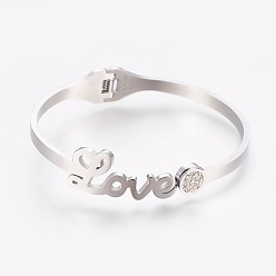 Stainless Steel Color 304 Stainless Steel Bangles, with Polymer Clay Rhinestone, with word Love, Stainless Steel Color, 1-7/8 inchx2-1/4 inch(4.95x5.6cm)
