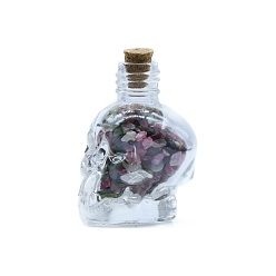 Tourmaline Natural Tourmaline Diaplay Decorations, Reiki Energy Stone Chip Skull Shaped Wishing Bottle, 35x44mm