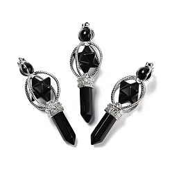 Обсидиан Природные обсидиана большие кулоны, экологически чистая латунная находка, платина, без кадмия и без свинца, скипетр, 61x24 мм, отверстие : 7x4.5 мм