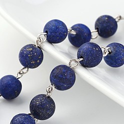 Lapis Lazuli Handmade Natural Lapis Lazuli Beaded Chains, Unwelded, with Brass Eye Pin, Platinum, 39.3 inch