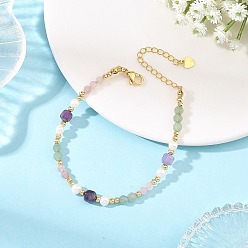 Amethyst Natural Mixed Gemstone Faceted Round and Cube Beaded Bracelets with Natural Pearl & Brass End Chains, Golden, 7.32 inch(18.6cm)
