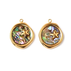 Плоский Круглый 304 подвески из натуральной ракушки пауа из нержавеющей стали, золотые, плоские круглые с морскими звездами, 19x15.5x3 мм, отверстие : 1.5 мм