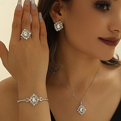 Rhombus Сплав с подвеской из горного хрусталя, браслетом, серьгами и кольцом, платина, ромб, 21x19 мм & 400~450 мм & 17 мм & 180~230 мм