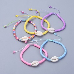 (52) Непрозрачная лаванда Плетеные браслеты из полимерной глины ручной работы, с бусинками из каури и нейлоновым шнуром, разноцветные, 2 дюйм ~ 3-1/8 дюйм (5~8 см)