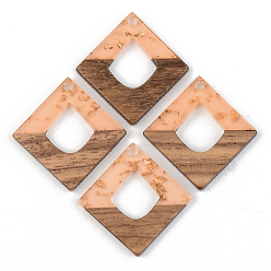 Dark Turquoise Transparent Resin & Walnut Wood Pendants, with Gold Foil, Rhombus, Dark Turquoise, 27.5x27.5x3mm, Hole: 2mm, Side Length: 19.5mm