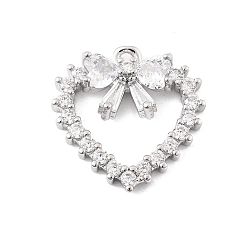 Платина Латунные микропаве прозрачные подвески с фианитом, без кадмия, без никеля и без свинца, бантом с сердцем, платина, 17x17x3.5 мм, отверстие : 1.2 мм