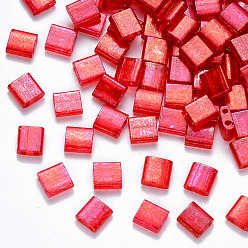 Red FGB 2-Hole Baking Paint Transparent Glass Seed Beads, AB Color Plated, Rectangle, Red, 5x4.5~5.5x2~2.5mm, Hole: 0.5~0.8mm, about 1180pcs/bag