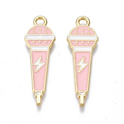 Pink Подвески из эмали и сплава, без кадмия, без никеля и без свинца, золотой свет, микрофон с молнией, розовые, 29x9x1.5 мм, отверстие : 2 мм