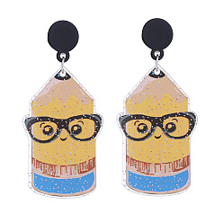 Pencil Подвесные серьги-гвоздики из акриловой блестящей пудры ко Дню учителя, платина, карандаш, 60x28 мм