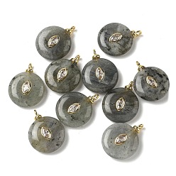 Лабрадорита Природные подвески лабрадорита, плоские круглые подвески с латунной микрофиброй и фианитами, долговечный, стойки покрытие, реальный 18 k позолоченный, без кадмия и без свинца, 23x18x5.5~6 мм, отверстие : 2 мм