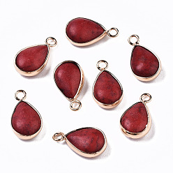 FireBrick Synthetic Turquoise Pendants, with Light Gold Plated Brass Edge, Teardrop, Dyed, FireBrick, 18~19x10.5x5mm, Hole: 2mm