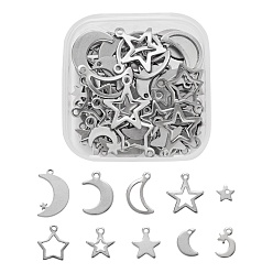 Stainless Steel Color 60Pcs 10 Style 304 Stainless Steel Pendants, Moon & Star, Stainless Steel Color, 6~17x6~12.5x0.7~1mm, Hole: 0.5~1.4mm, 6pcs/style