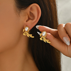 Others 201 Stainless Steel with Imitation Pearl Stud Earrings for Women, Golden, Coral, 27x20mm
