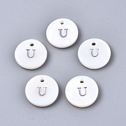 Letter U Natural Freshwater Shell Pendants, with Platinum Plated Iron Etched Metal Embellishments, Flat Round with Initial Letter, White, Letter.U, 11x2mm, Hole: 1.5mm