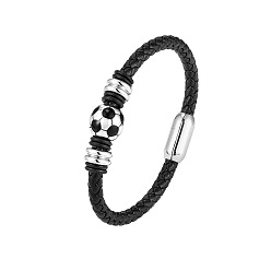 Черный 316Браслеты из нержавеющей стали в форме футбольного мяча, Браслеты из плетеного коровьего шнура для мужчин, с магнитной застежкой, цвет нержавеющей стали, чёрные, 8.27 дюйм (21 см)